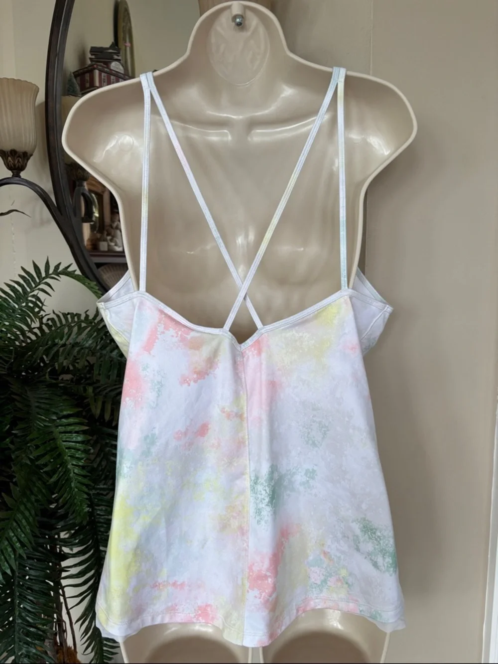 Brand New CALIA Flow Overlap Mesh Strappy Workout Tank Top in Lemon Ice Tie Dye